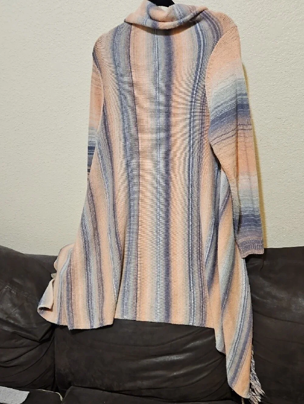 Nostalgia Peach, Gray & Blue Striped Fringe Shawl Cardigan